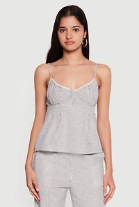 Linen Pinstripe Button Front Babydoll Top
