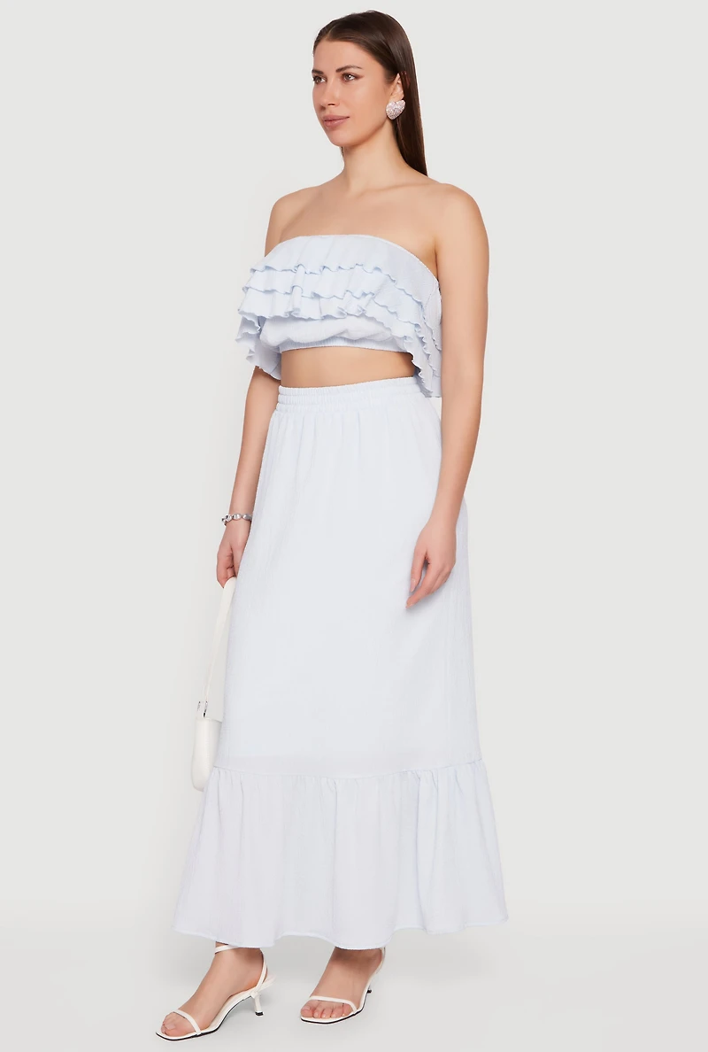 Textured Knit High Waisted Ruffle Hem Maxi Skirt