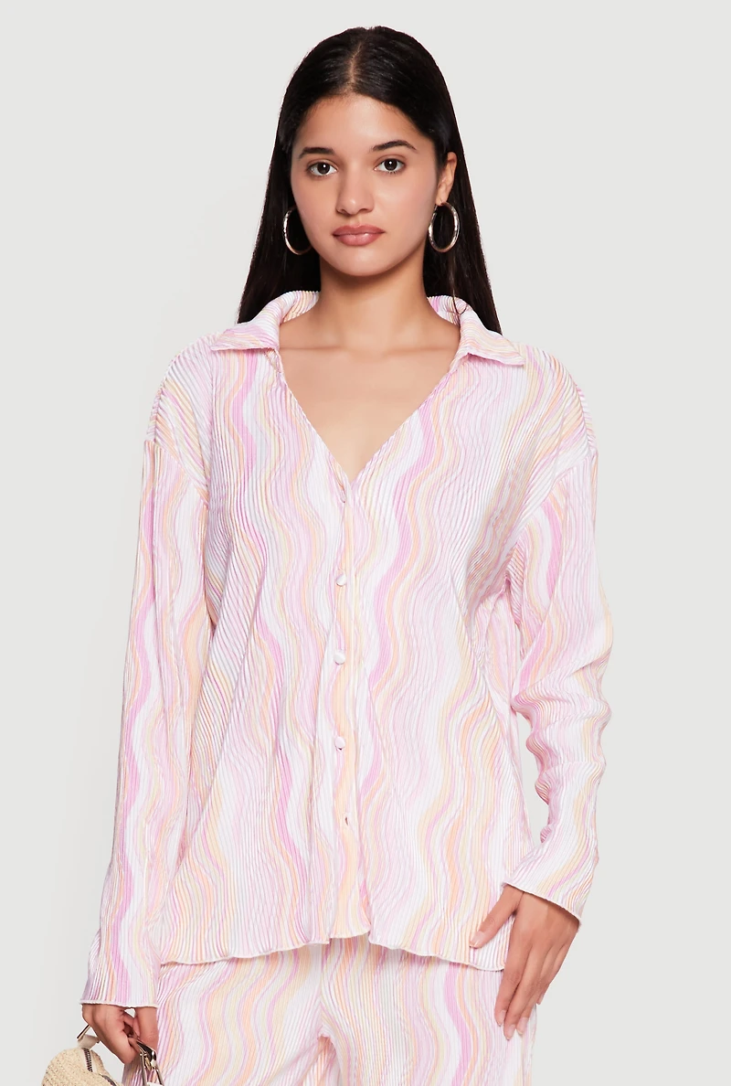 Plisse Wavy Stripe Button Front Shirt