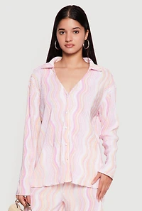 Plisse Wavy Stripe Button Front Shirt