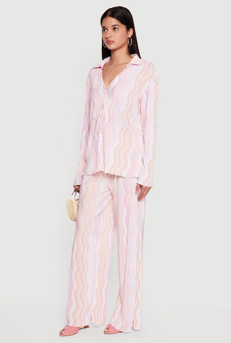 Plisse Wavy Stripe Button Front Shirt
