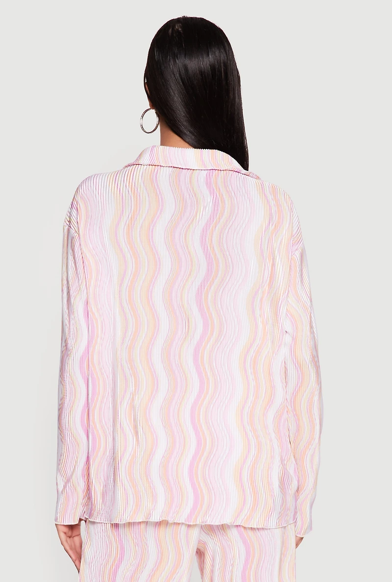 Plisse Wavy Stripe Button Front Shirt