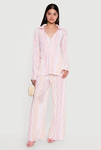 Plisse Wavy Stripe High Waisted Pull On Pants