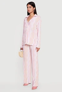 Plisse Wavy Stripe High Waisted Pull On Pants