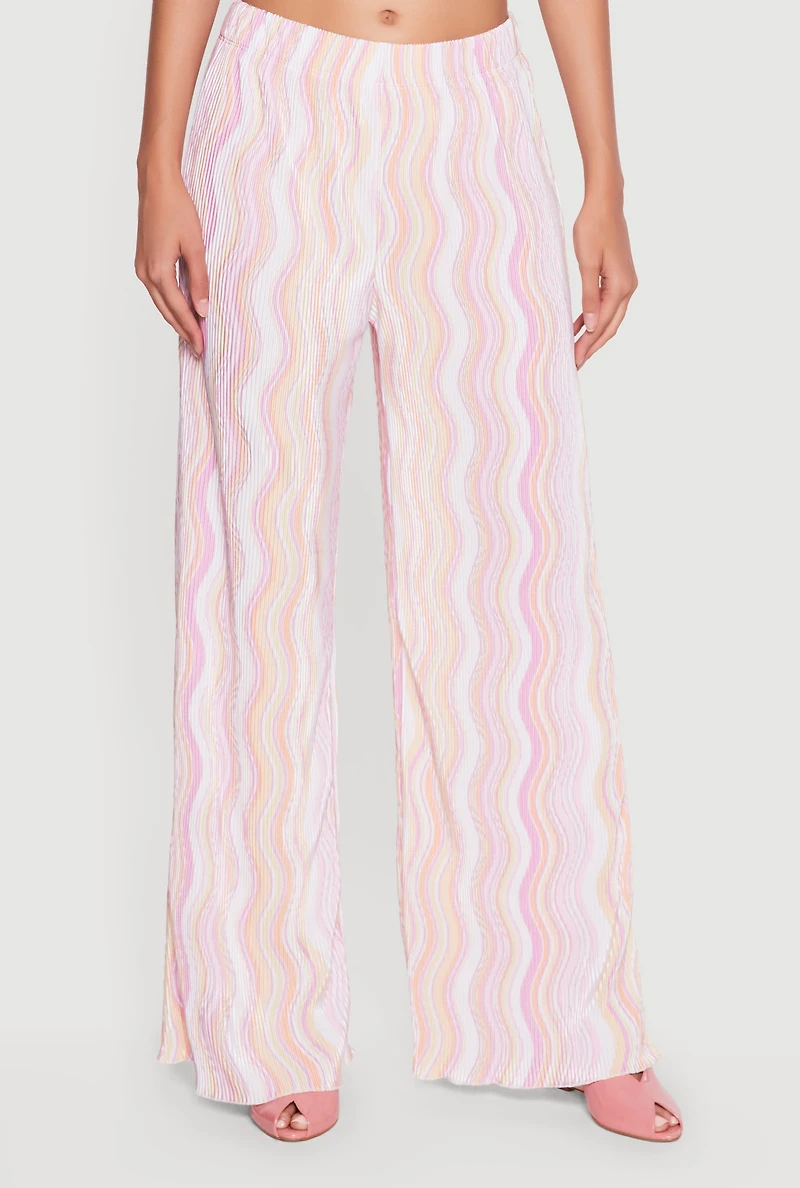 Plisse Wavy Stripe High Waisted Pull On Pants