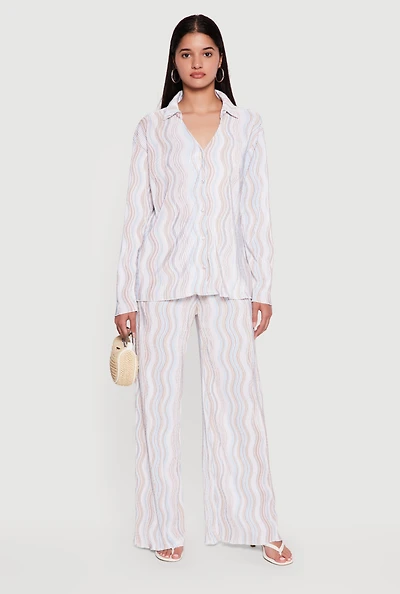 Plisse Wavy Stripe High Waisted Pull On Pants