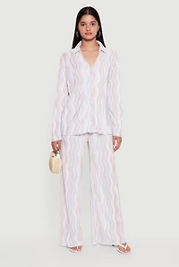 Plisse Wavy Stripe High Waisted Pull On Pants