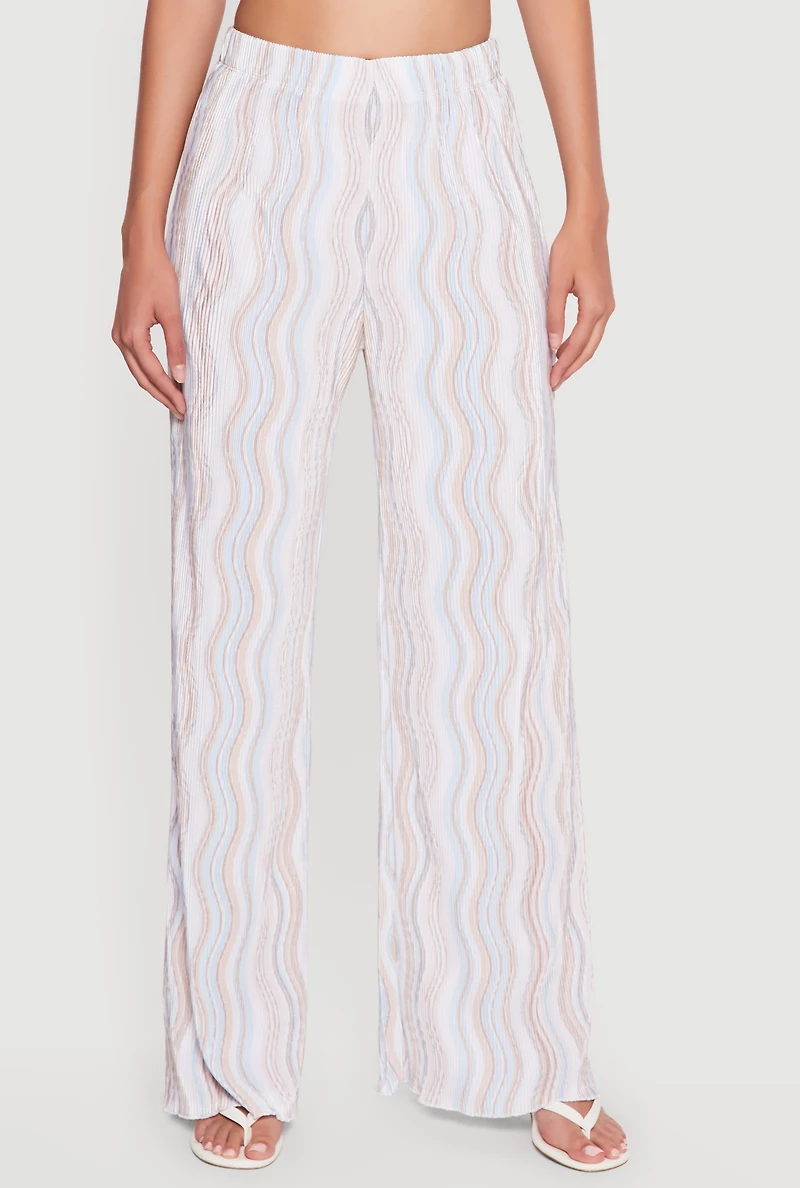 Plisse Wavy Stripe High Waisted Pull On Pants