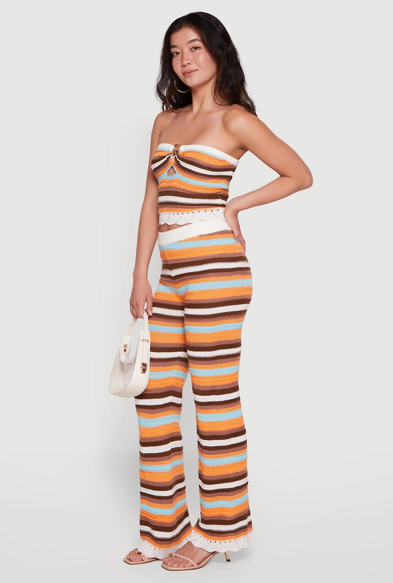 Pointelle Knit Hem Striped Flare Leg Crochet Pants