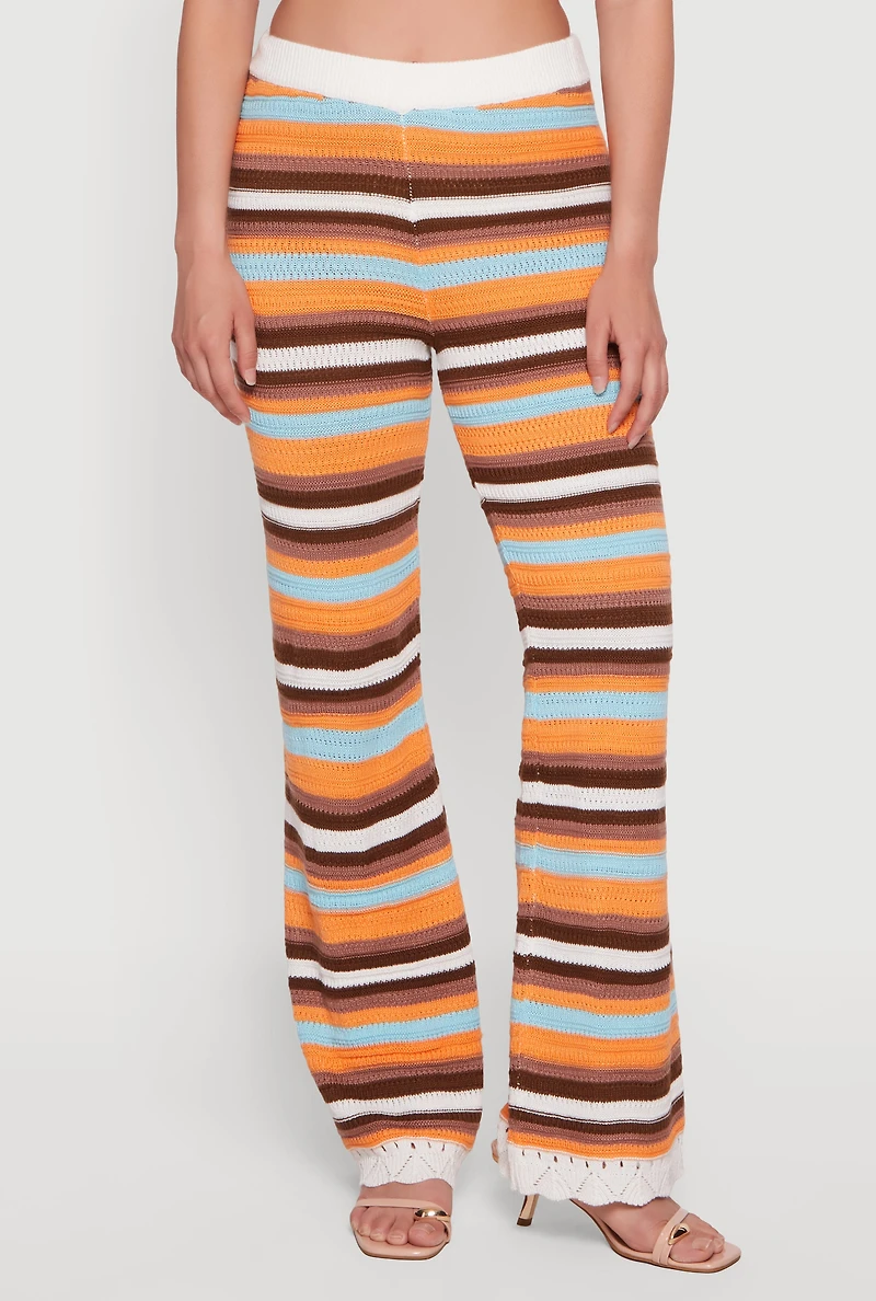 Pointelle Knit Hem Striped Flare Leg Crochet Pants