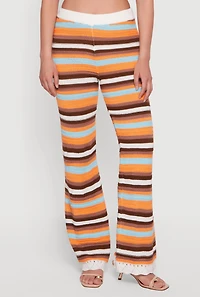 Pointelle Knit Hem Striped Flare Leg Crochet Pants