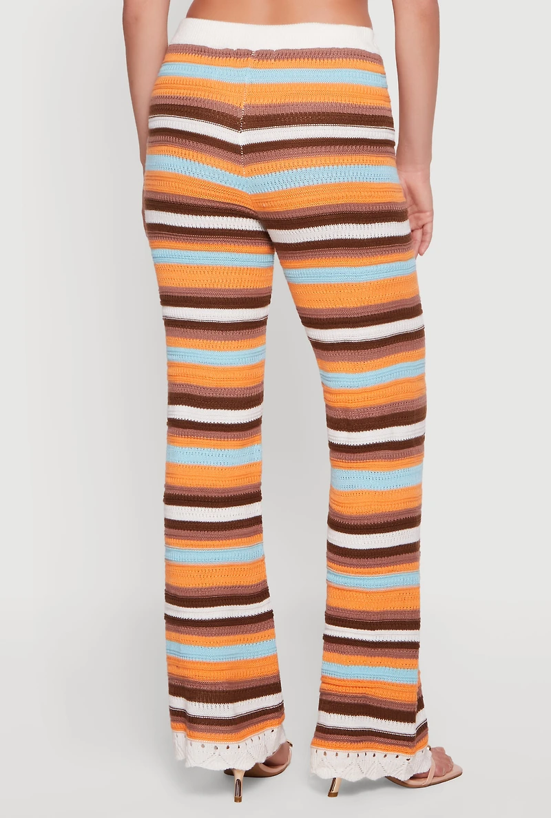 Pointelle Knit Hem Striped Flare Leg Crochet Pants