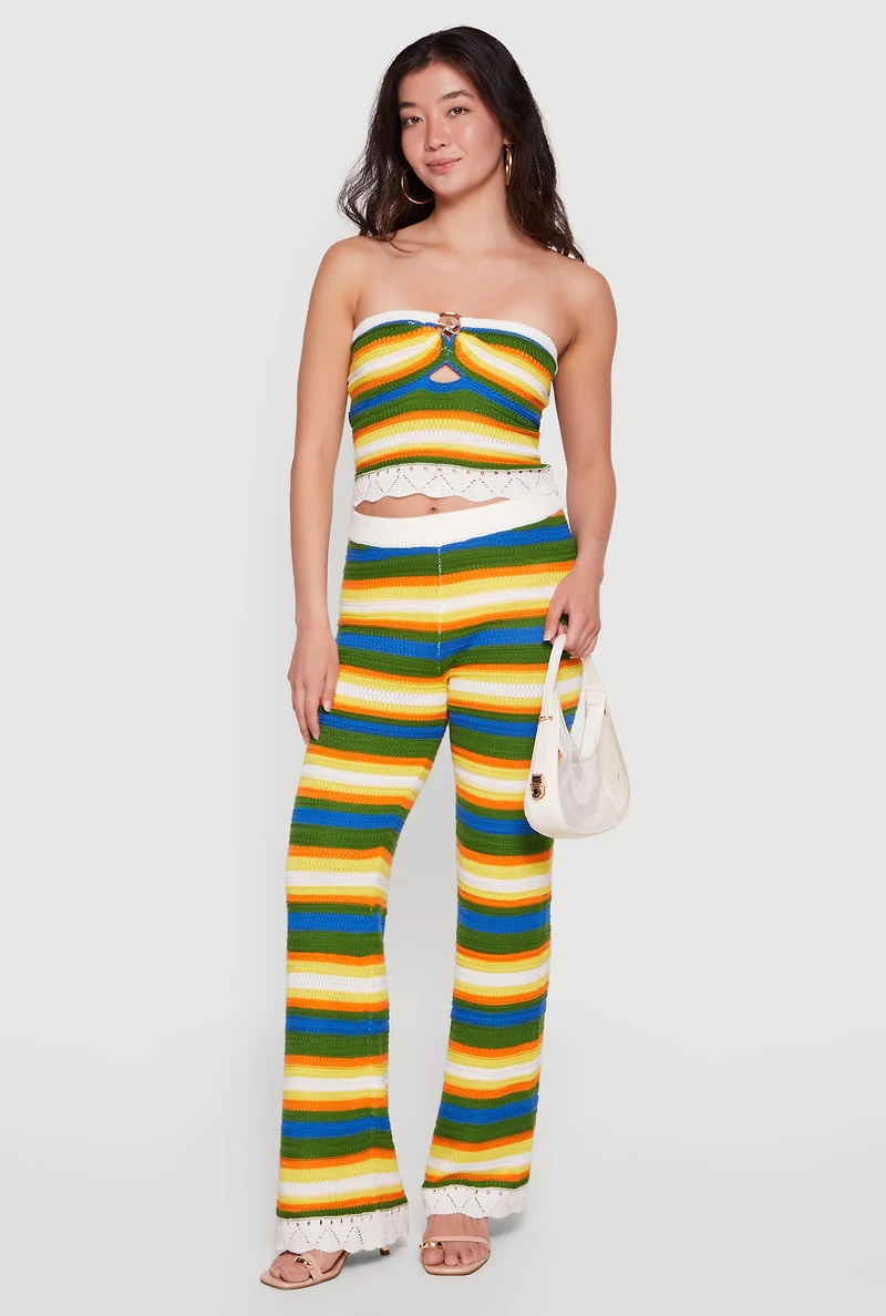 Pointelle Knit Hem Striped Flare Leg Crochet Pants