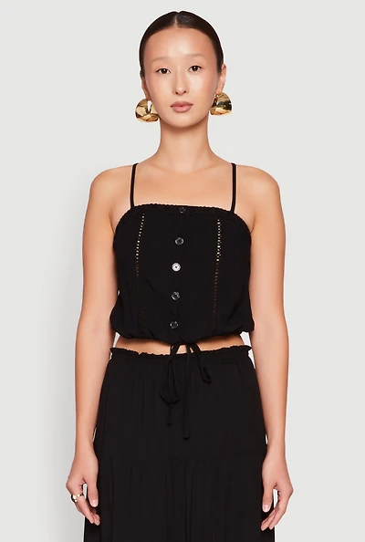 Womens Almost Famous Faux Button Cropped Cami, Black, Size M