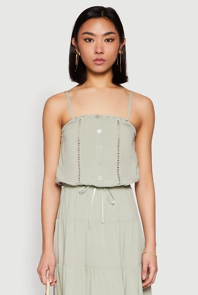 Womens Almost Famous Faux Button Cropped Cami, Green, Size L