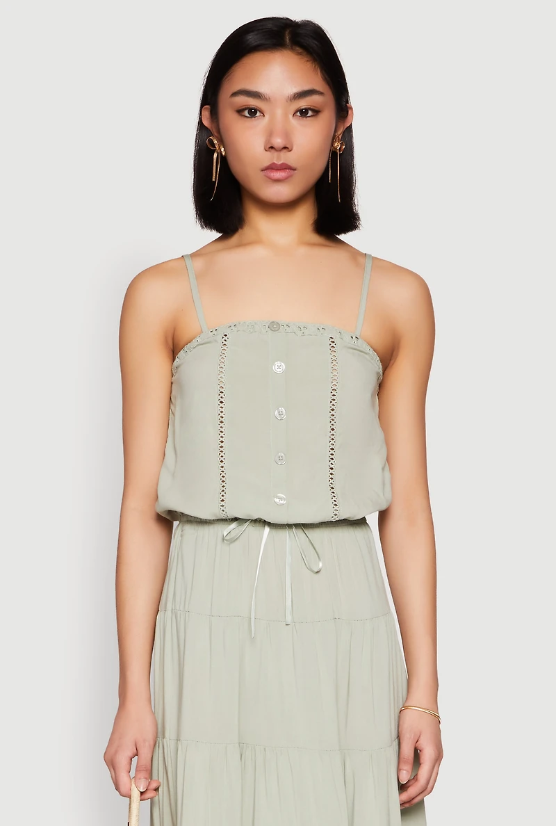 Womens Almost Famous Faux Button Cropped Cami, Green,