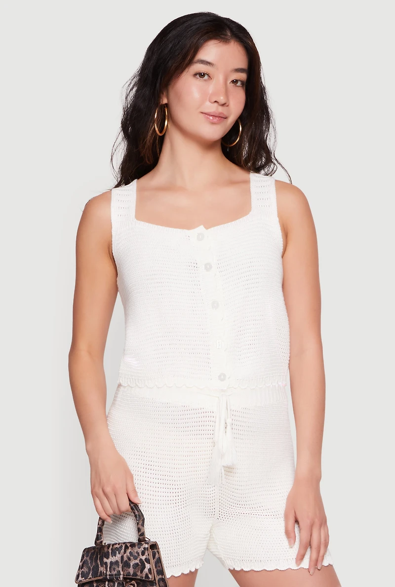Crochet Square Neck Scalloped Hem Vest