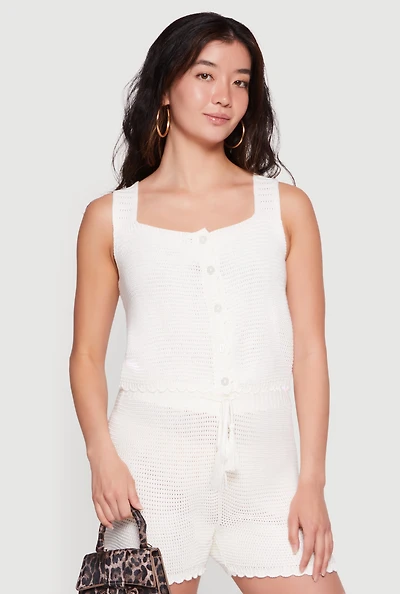 Crochet Square Neck Scalloped Hem Vest