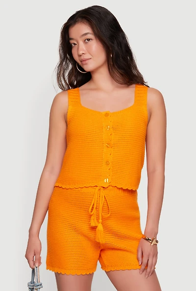 Crochet Square Neck Scalloped Hem Vest