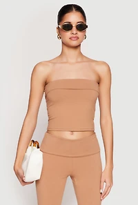 Womens Almost Famous Fold Over Cropped Tube Top, Beige, Size M