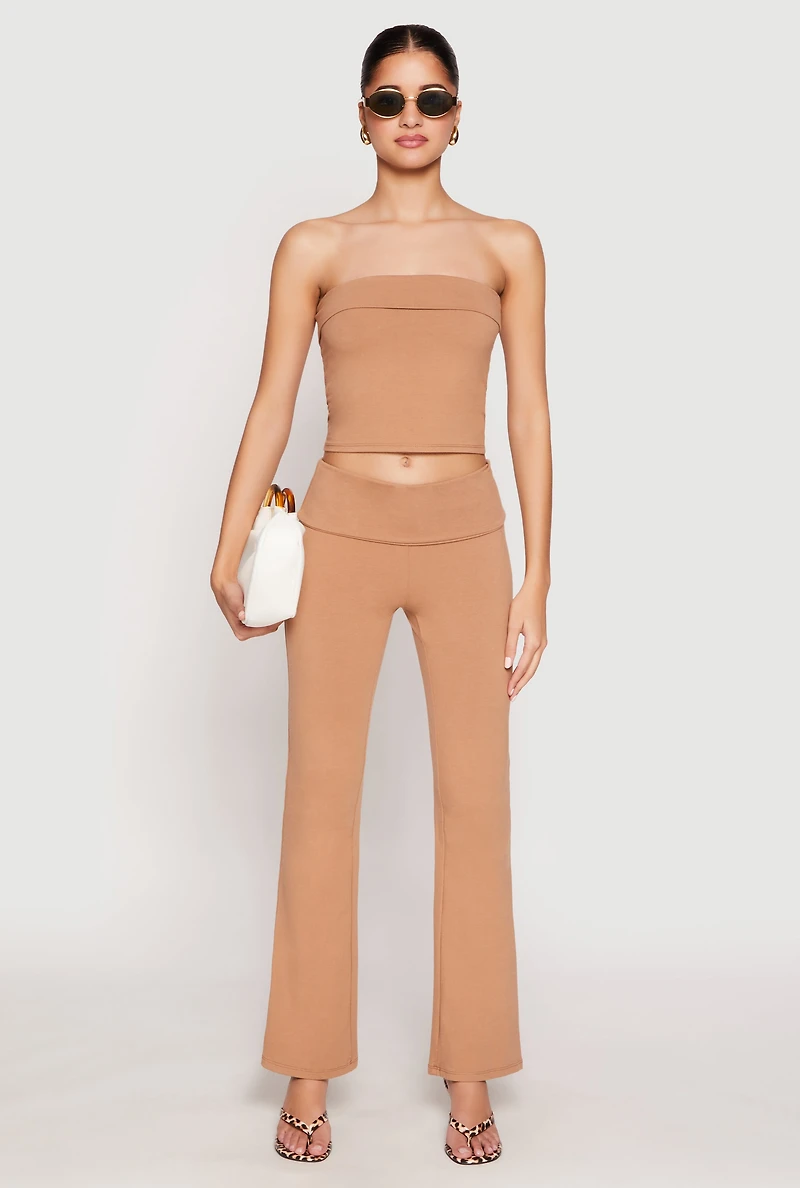 Womens Almost Famous Fold Over Cropped Tube Top, Beige, Size M