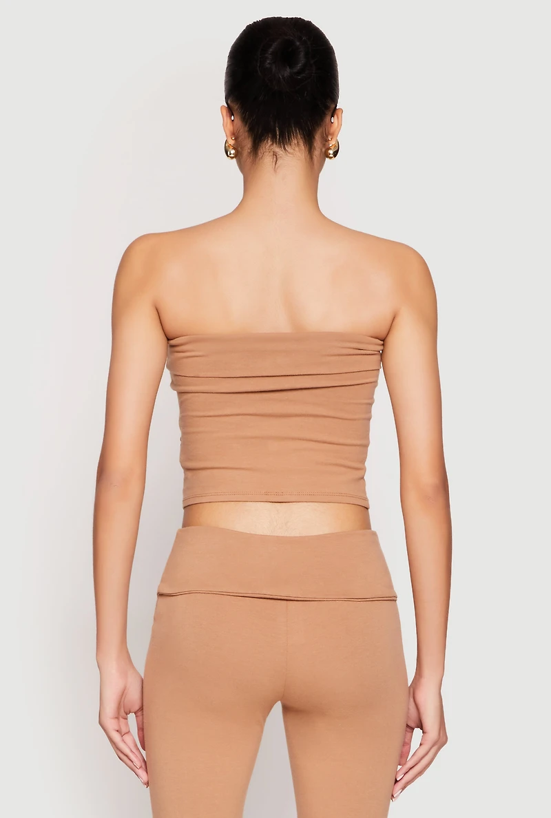 Womens Almost Famous Fold Over Cropped Tube Top, Beige, Size M