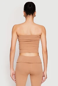 Womens Almost Famous Fold Over Cropped Tube Top, Beige, Size M