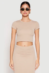Womens Almost Famous Ribbed Knit Short Sleeve Top, Beige,