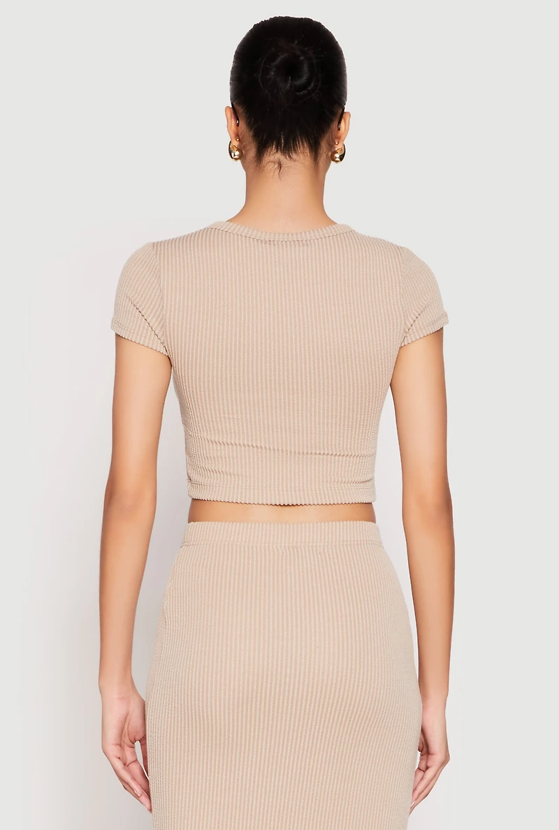 Womens Almost Famous Ribbed Knit Short Sleeve Top, Beige, Size M