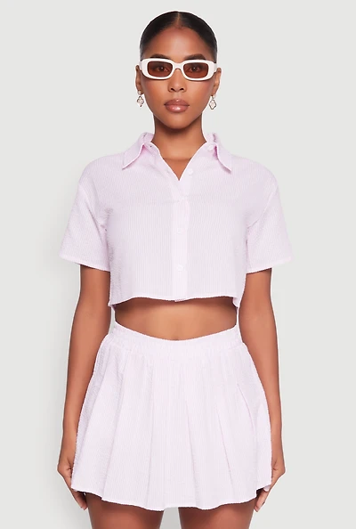 Womens Almost Famous Striped Seersucker Cropped Shirt, Pink, Size L