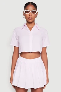 Womens Almost Famous Striped Seersucker Cropped Shirt, Pink, Size L