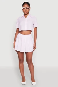Womens Almost Famous Striped Seersucker Cropped Shirt, Pink, Size L