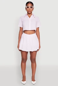 Womens Almost Famous Striped Seersucker Cropped Shirt, Pink, Size L