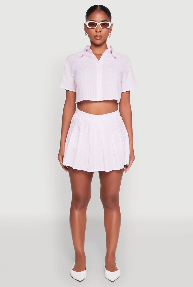Womens Almost Famous Striped Seersucker Cropped Shirt, Pink, Size M