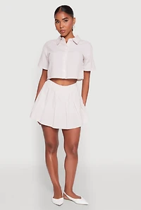 Womens Almost Famous Striped Seersucker Cropped Shirt, Beige, Size S
