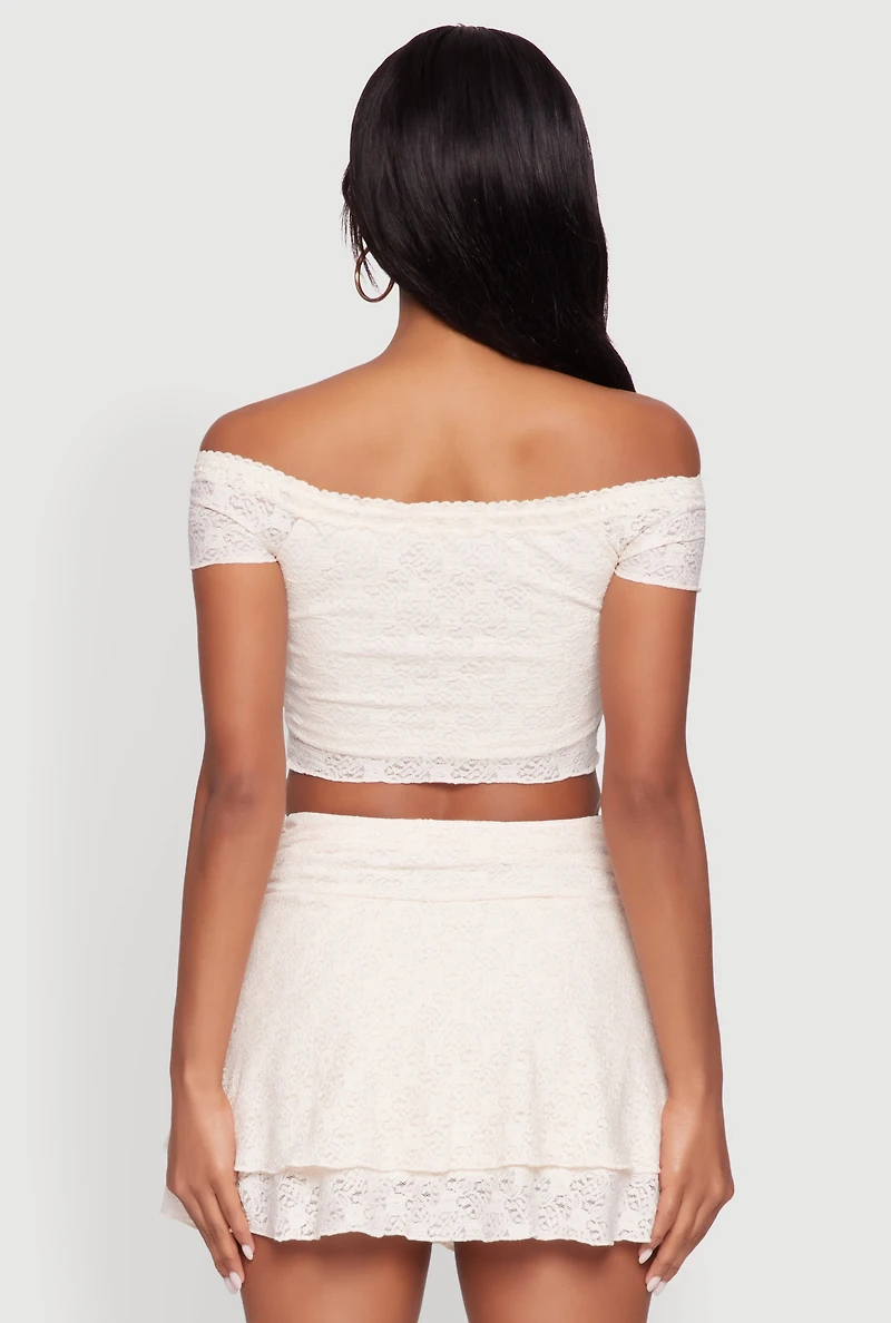 Womens Madden Girl Lace Off The Shoulder Crop Top, Beige, Size XL