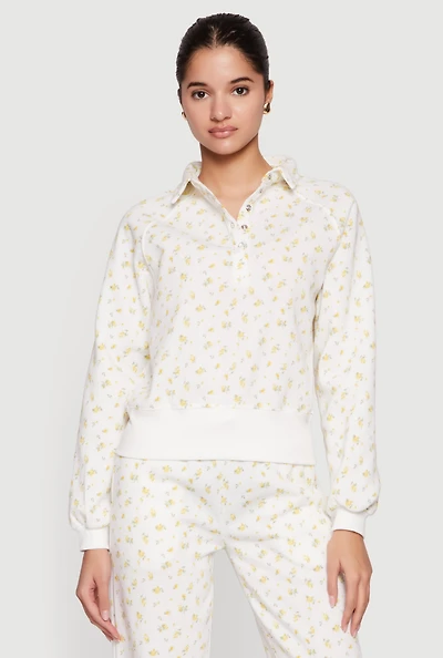 Ditsy Floral Print Raglan Sleeve Polo Sweatshirt