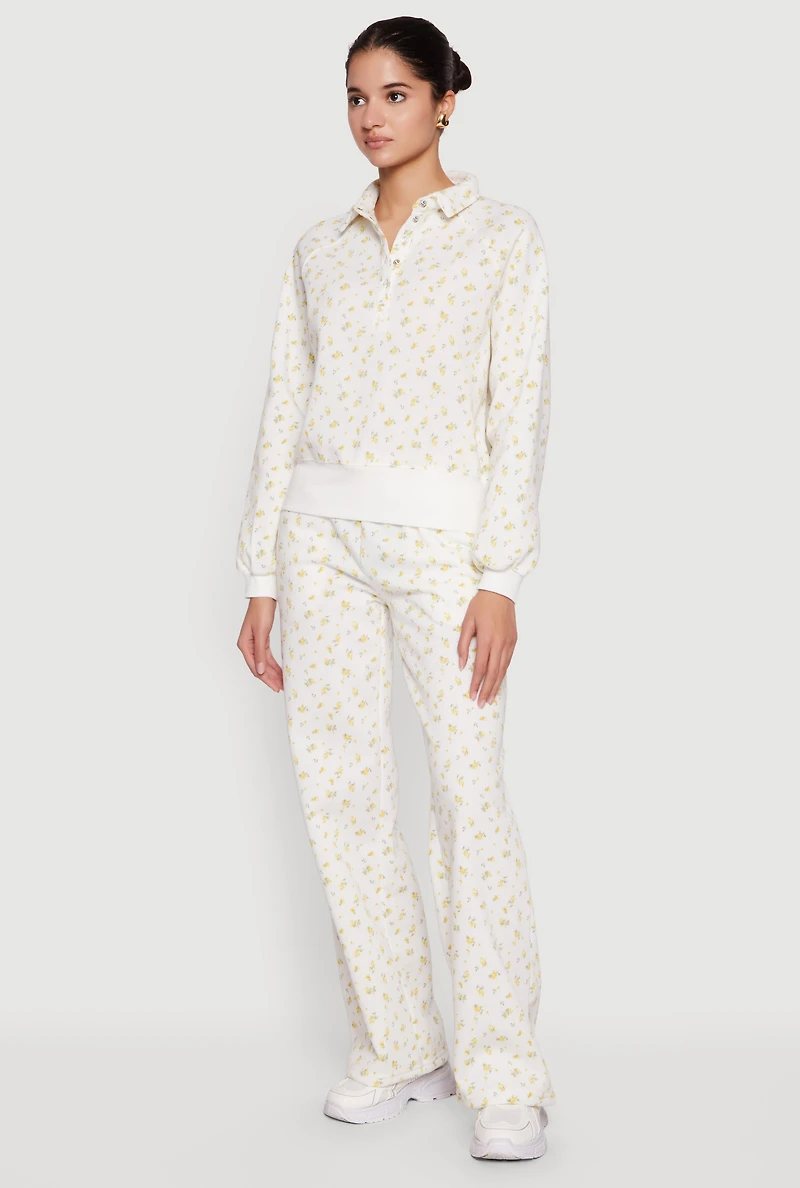 Ditsy Floral Print Raglan Sleeve Polo Sweatshirt