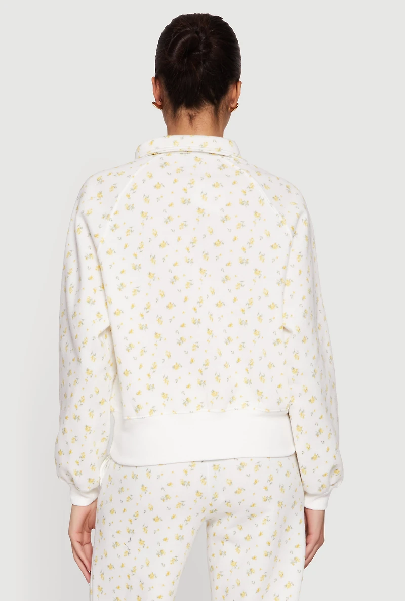 Ditsy Floral Print Raglan Sleeve Polo Sweatshirt