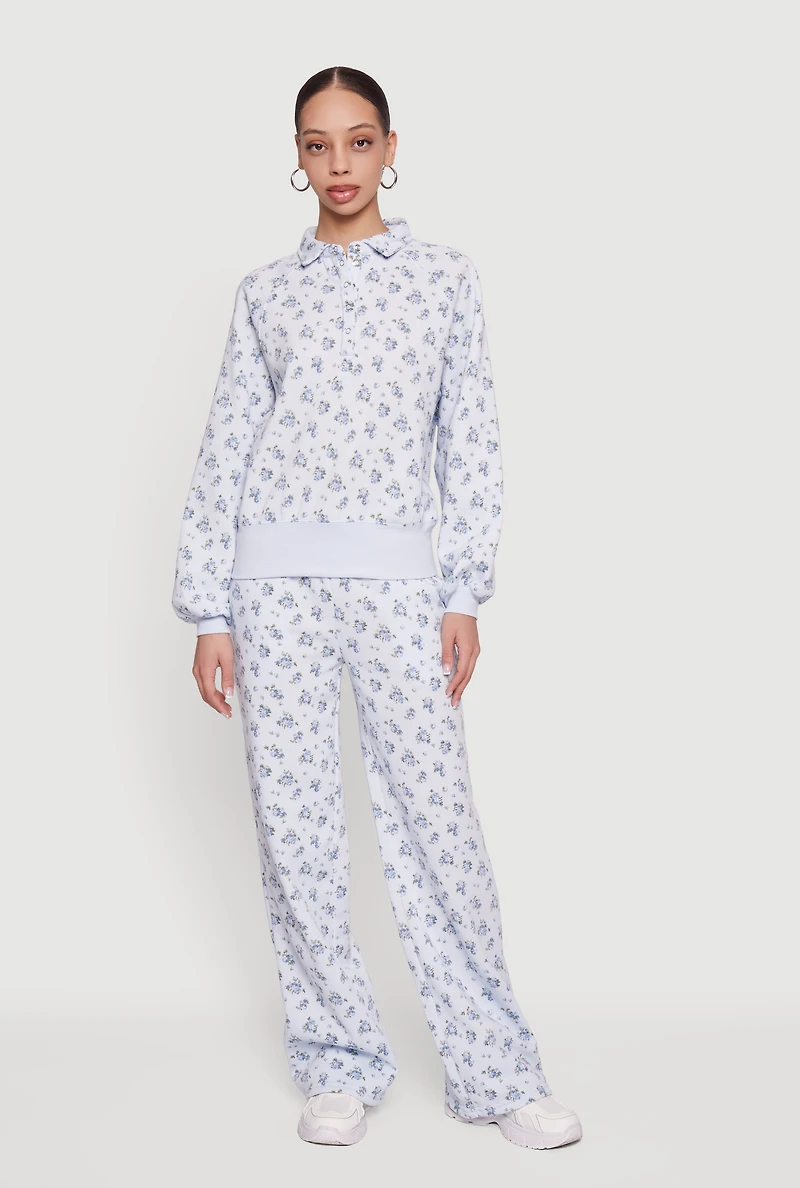 Ditsy Floral Print Raglan Sleeve Polo Sweatshirt