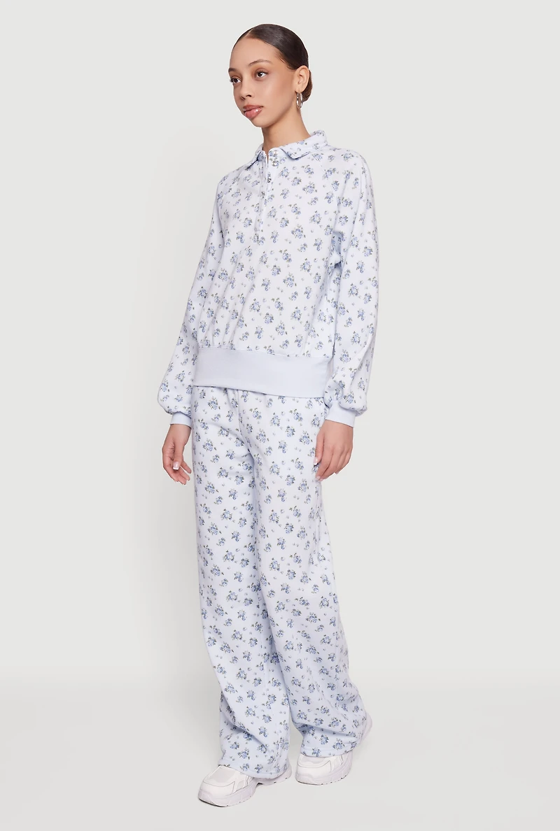 Ditsy Floral Print Raglan Sleeve Polo Sweatshirt