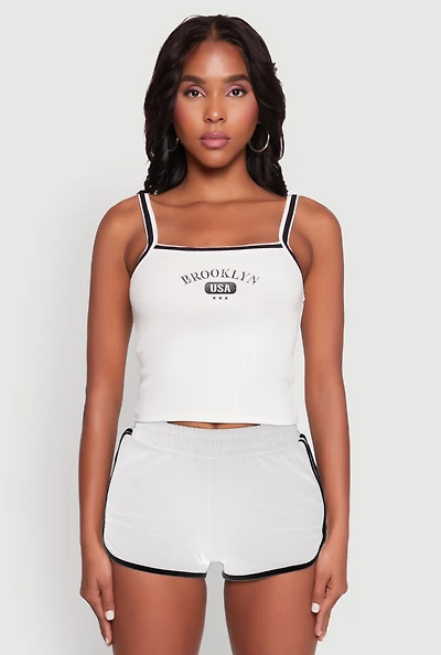 Womens Almost Famous Contrast Trim Graphic Print Crop Cami, White, Size S