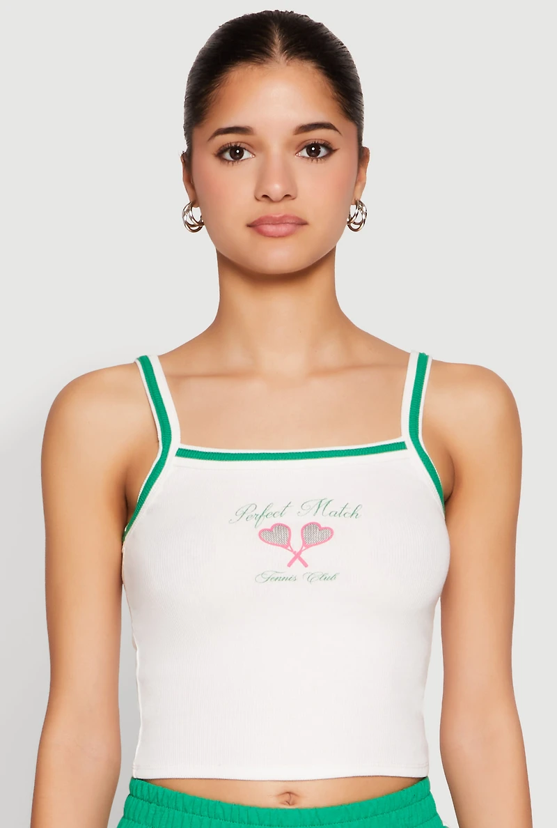Womens Almost Famous Contrast Trim Graphic Print Crop Cami, White, Size L