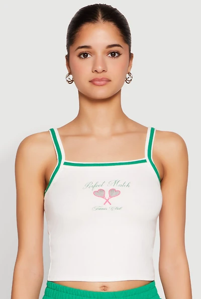 Womens Almost Famous Contrast Trim Graphic Print Crop Cami, White, Size L