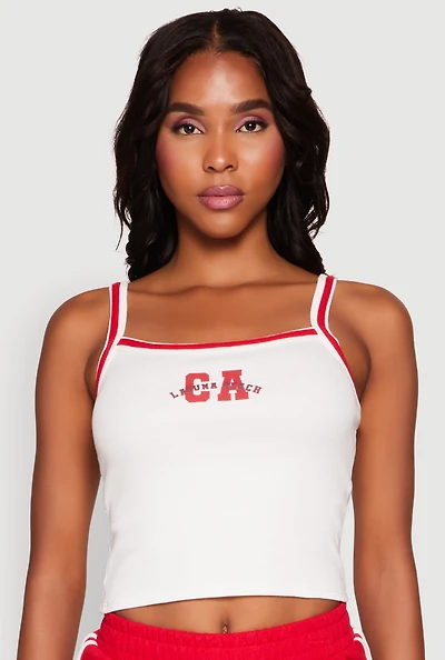 Womens Almost Famous Contrast Trim Graphic Print Crop Cami, White,