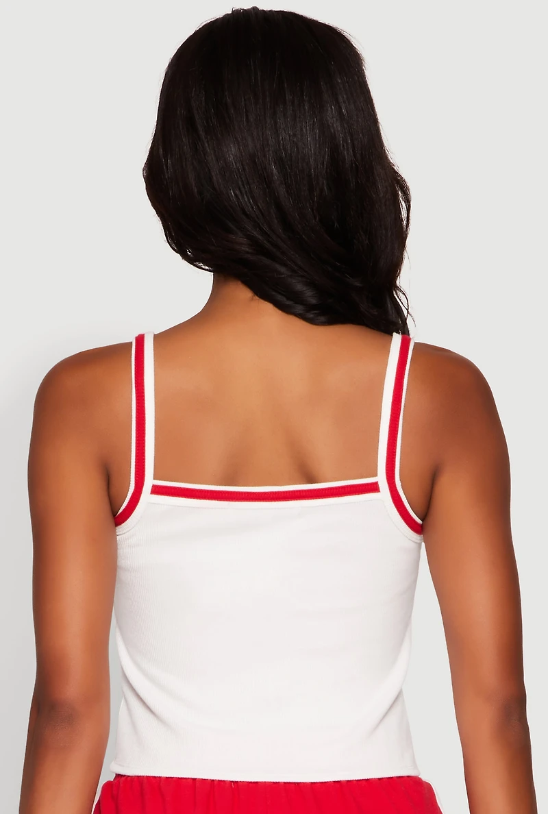 Womens Almost Famous Contrast Trim Graphic Print Crop Cami, White, Size S