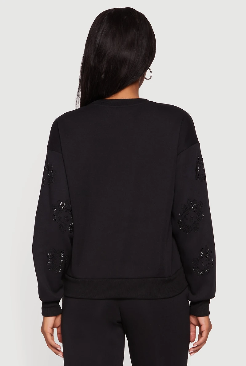 Almost Famous Pullover Sweatshirt with Rhinestone Graphic