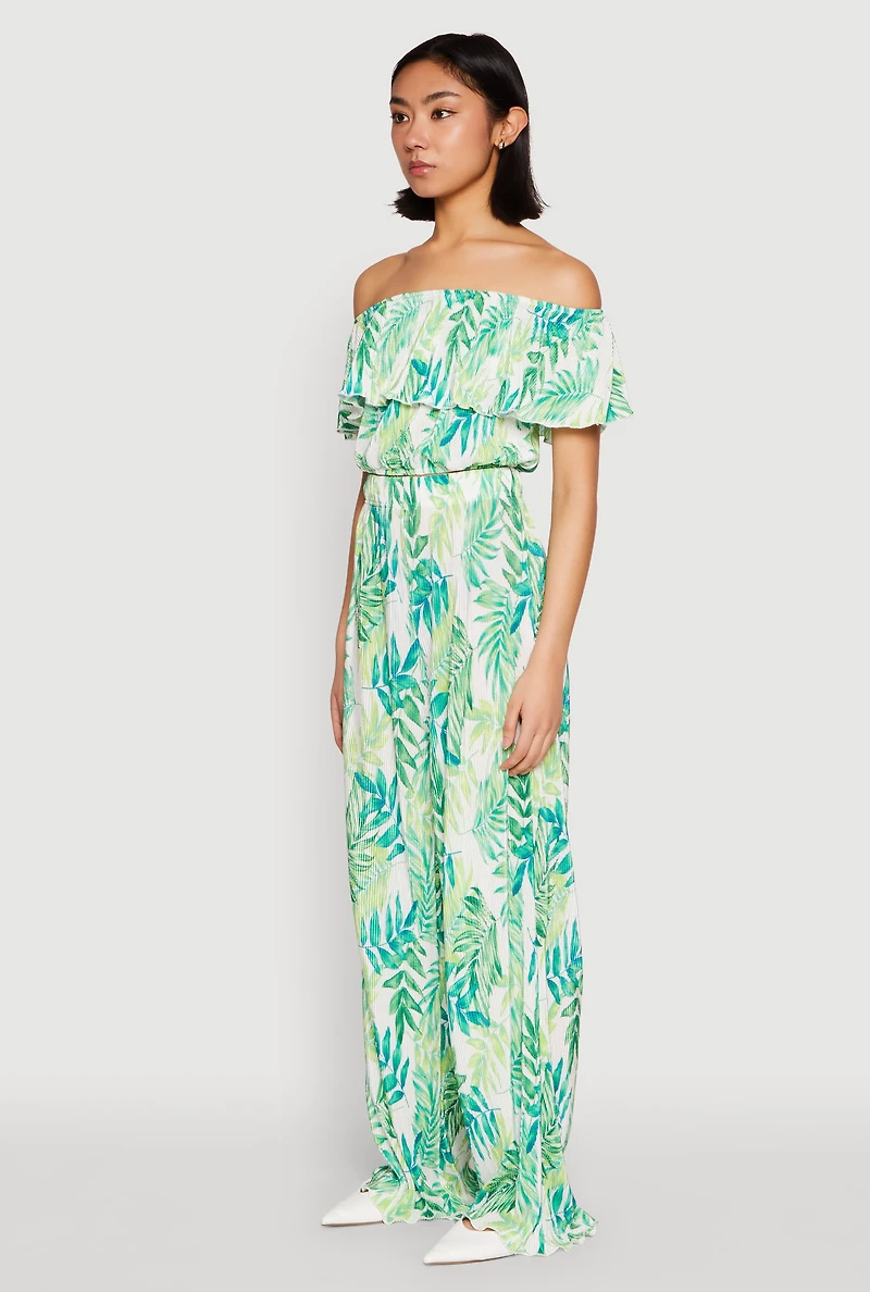 Womens Almost Famous Tropical Print Off the Shoulder Top, Green, Size M