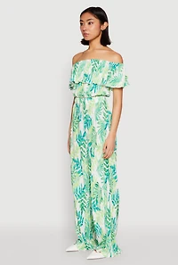 Womens Almost Famous Tropical Print Off the Shoulder Top, Green, Size M