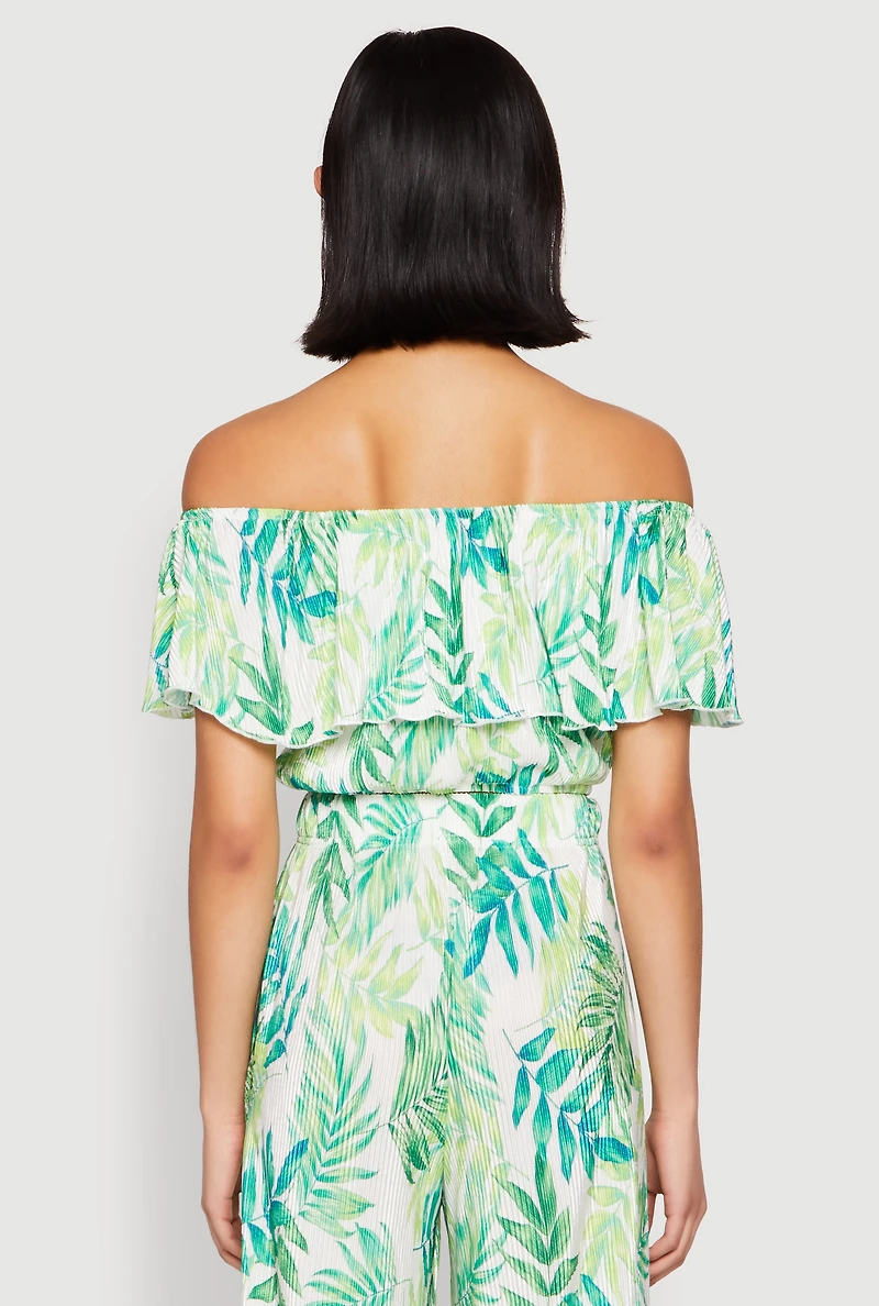 Womens Almost Famous Tropical Print Off the Shoulder Top, Green, Size M